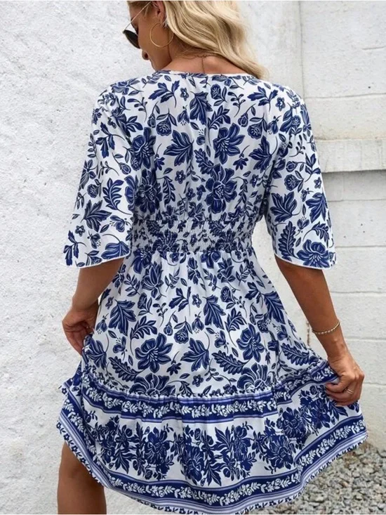 NEW!! V Neck Batwing Sleeve Blue & White Floral Women’s Mini Dress - Picture 2 of 6